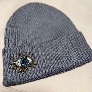 Gray Beanie with Eye Embroidery-New, Handmade, Never Used